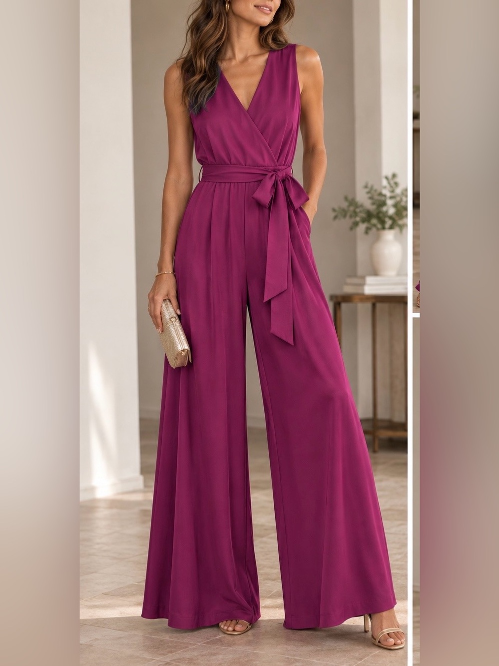 Lauren Ralph Lauren Satin Wide Leg Wrap Jumpsuit Size 4 Magenta